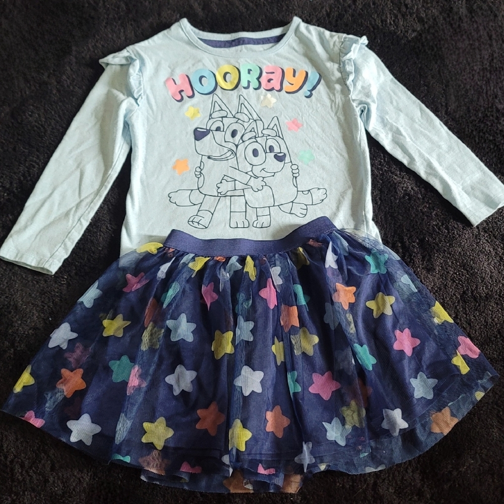 Bluey Girls Size 5T Long Sleeve "HOORAY!" Top + Star Tutu Skirt Set